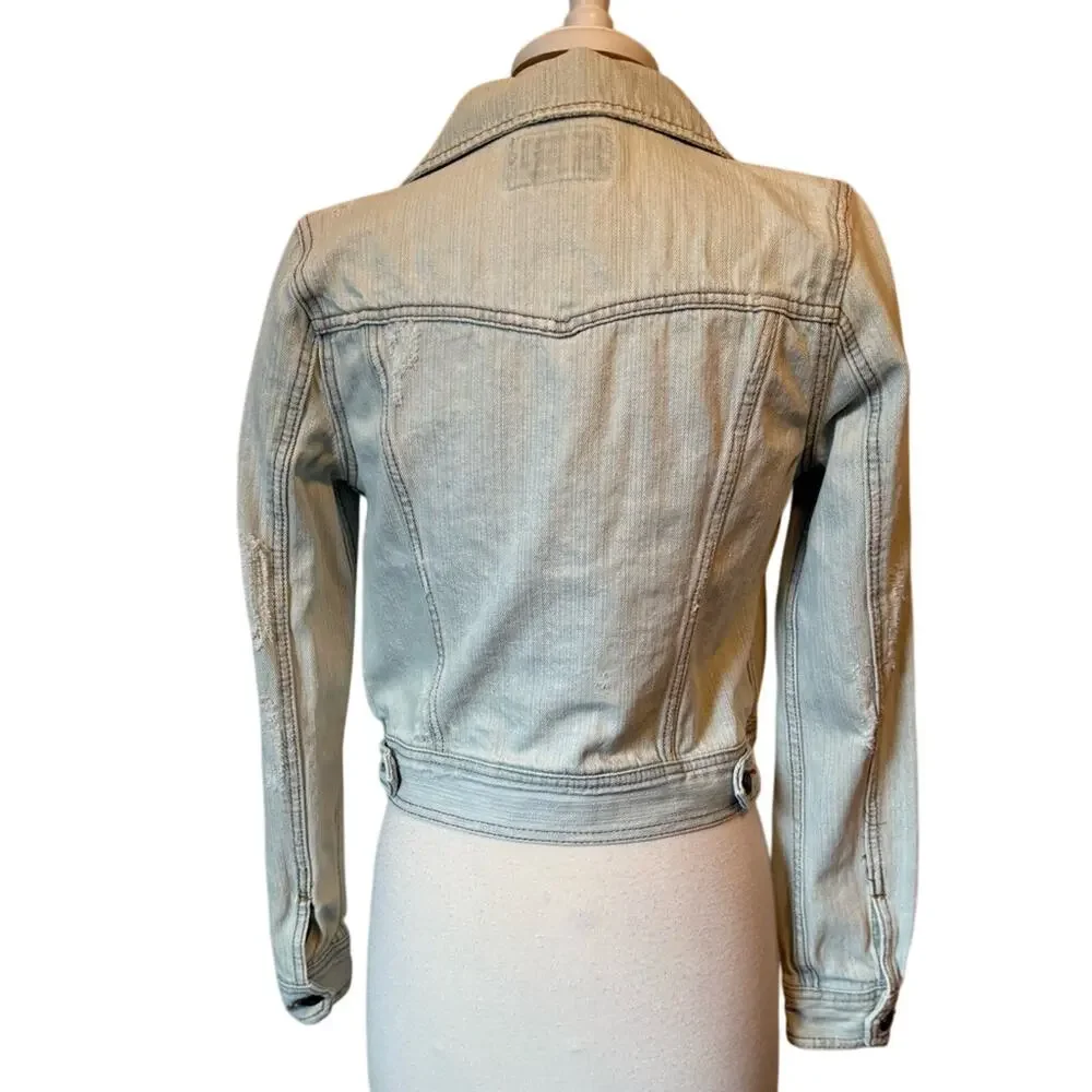 FOREVER 21 Sm Boho Distressed Light Wash Blue Cropped Denim Y2K‎ Festival Jacket